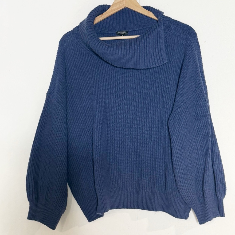 Talbots Chunky Ribbed Knit Split Cowl Neck Cropped Sweater Blue Size 3XP Wool